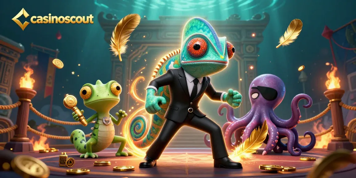 Experience thrilling action at casinoscout with a vibrant casino scene featuring a chameleon agent, gecko gadgets, and an octopus.