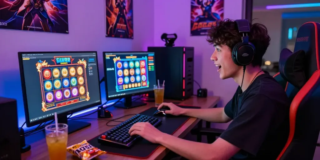 Player enjoying a thrilling slot gacor game on a laptop in a vibrant gaming setup with LED lights.
