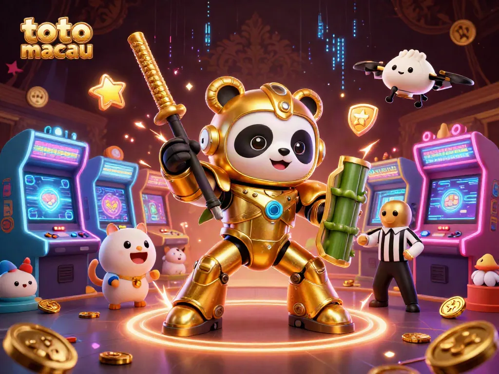 Melihat pengeluaran toto macau dengan robot tempur panda emas dalam arena yang meriah.