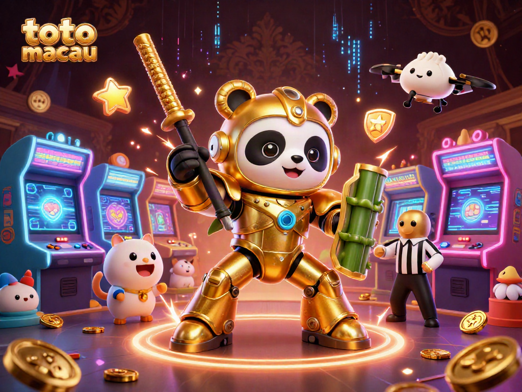 Melihat pengeluaran toto macau dengan robot tempur panda emas dalam arena yang meriah.