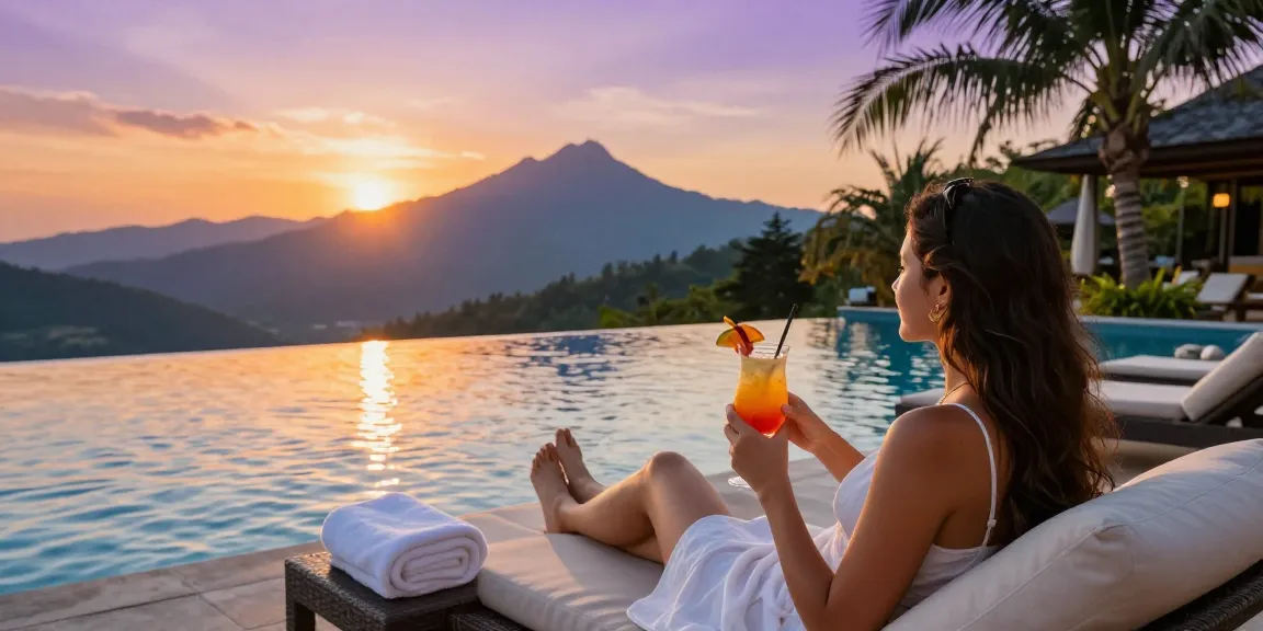 Pengalaman LUXURY111 di resor mewah, relaksasi di tepi kolam renang dengan pemandangan pegunungan.