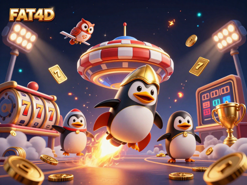 Win big with FAT4D: A golden penguin racing to a casino, surrounded by jackpot elements.