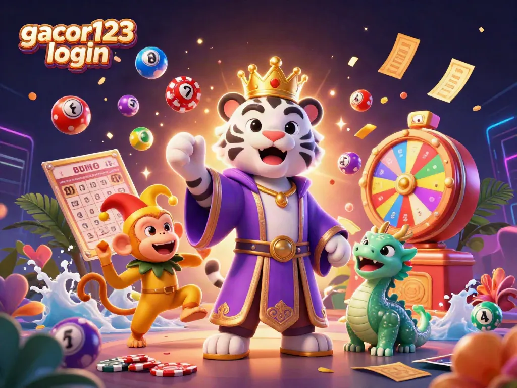 Experience excitement with gacor123 login, featuring a vibrant, dynamic casino scene showcasing colorful elements and lively characters.