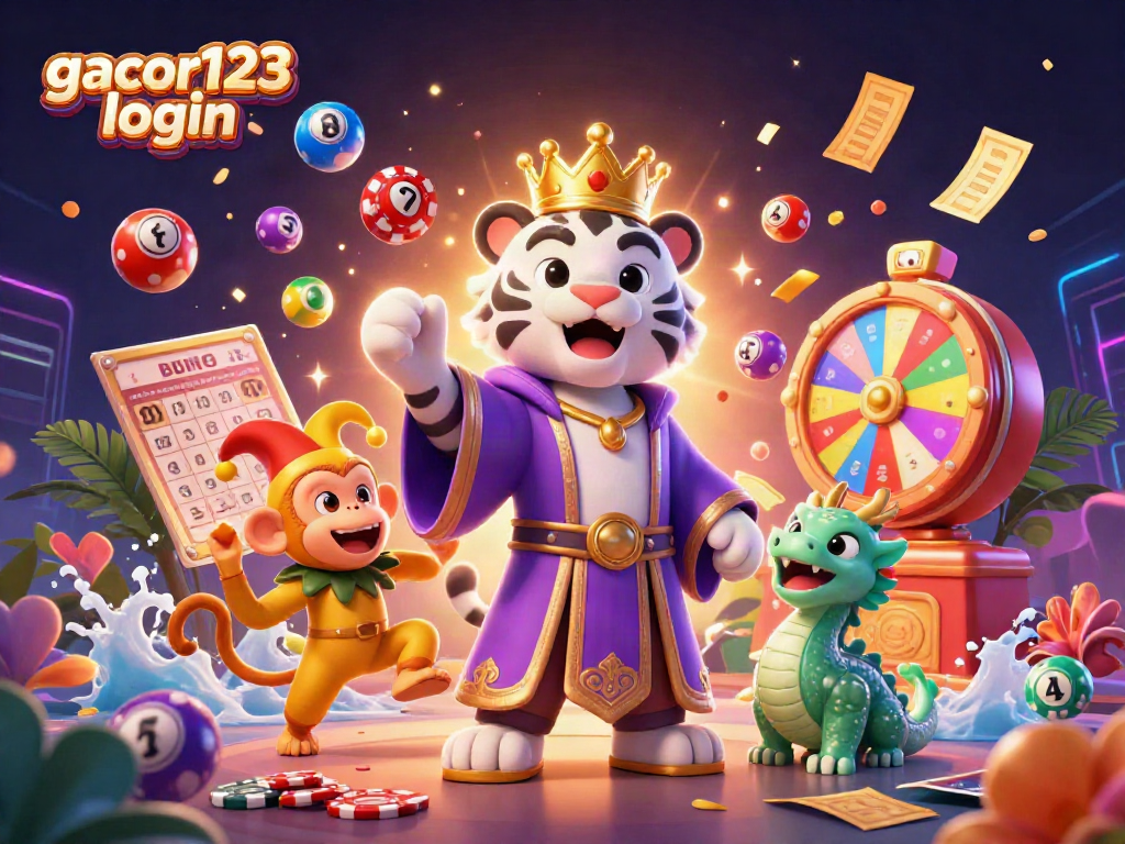 Experience excitement with gacor123 login, featuring a vibrant, dynamic casino scene showcasing colorful elements and lively characters.