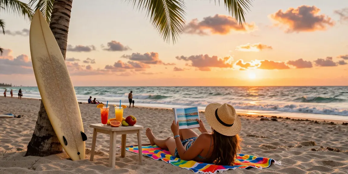 Pengunjung pantai Miami menikmati sore dengan buku panduan di https://miami4d.com/ dan minuman tropis, suasana santai.