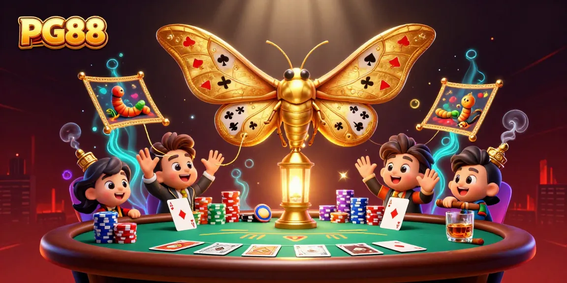 Engage with PG88's vibrant casino world featuring dynamic poker elements and an enchanting atlas moth.