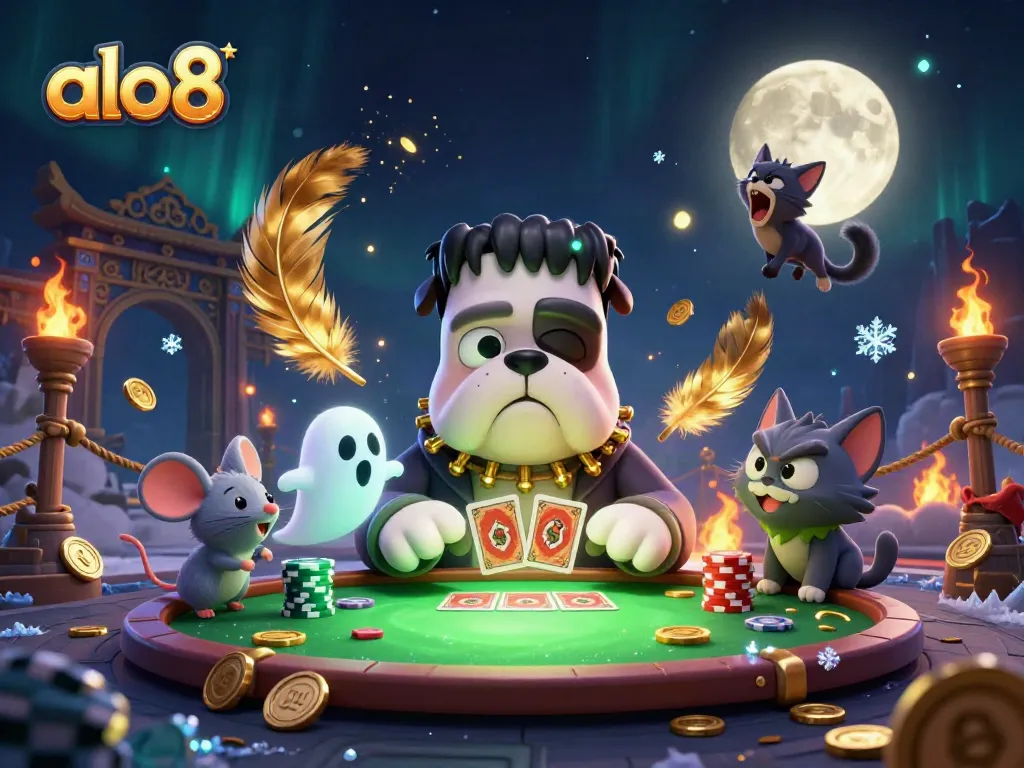 Experience alo8 at a lively casino scene with whimsical characters engaged in games of chance.