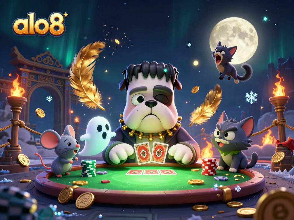 Experience alo8 at a lively casino scene with whimsical characters engaged in games of chance.