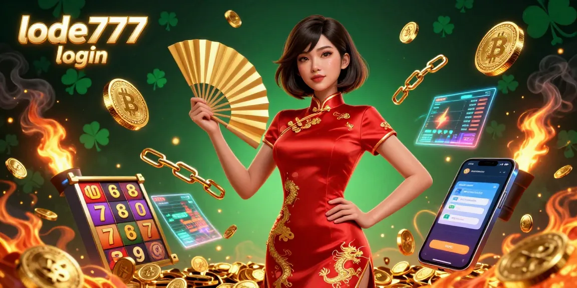 Experience seamless lode777 login with vibrant visuals of winning slot games and crypto elements.