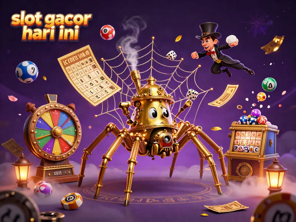 Visualisasi slot gacor hari ini menampilkan laba-laba steampunk 3D dan elemen permainan kasino yang menarik.