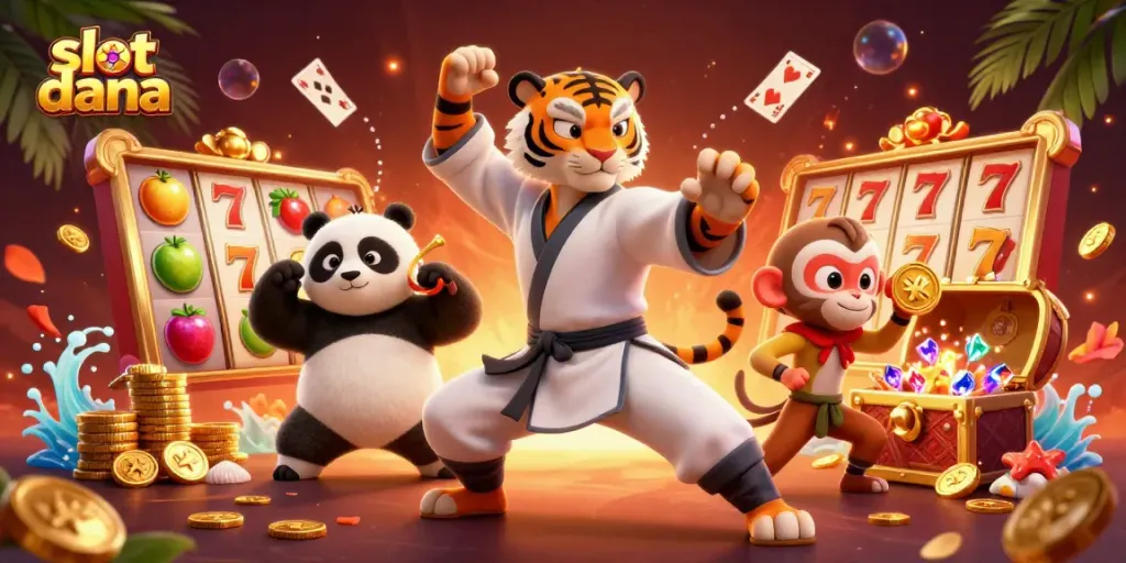 Slot dana menampilkan simbol keberuntungan dan sketsa kartun yang menarik di kasino.