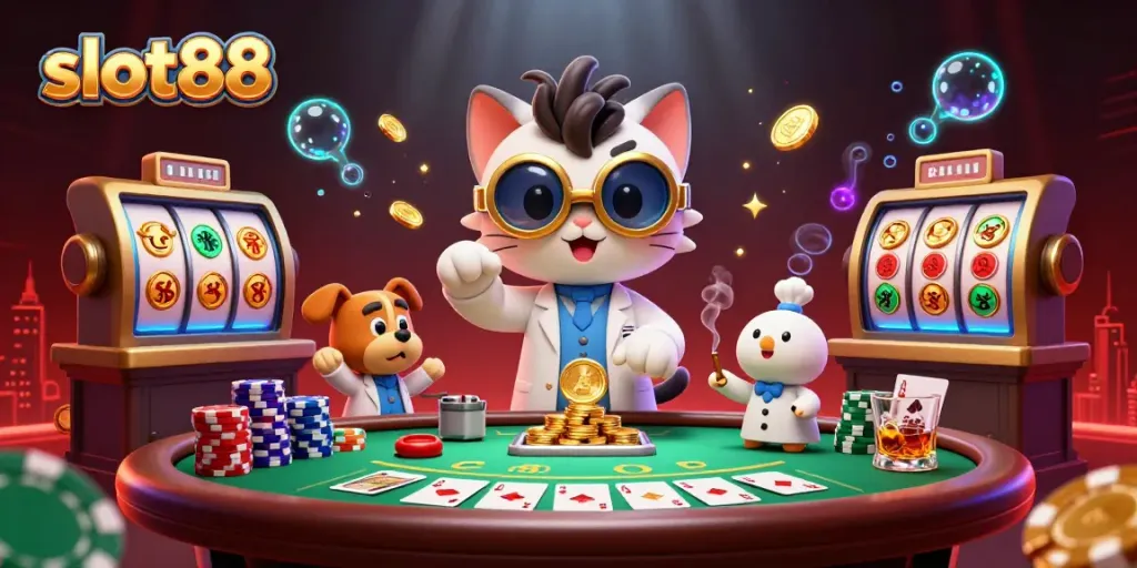 Menggandakan koin emas dengan karakter slot88 di meja poker, detail cerah dan dinamis.