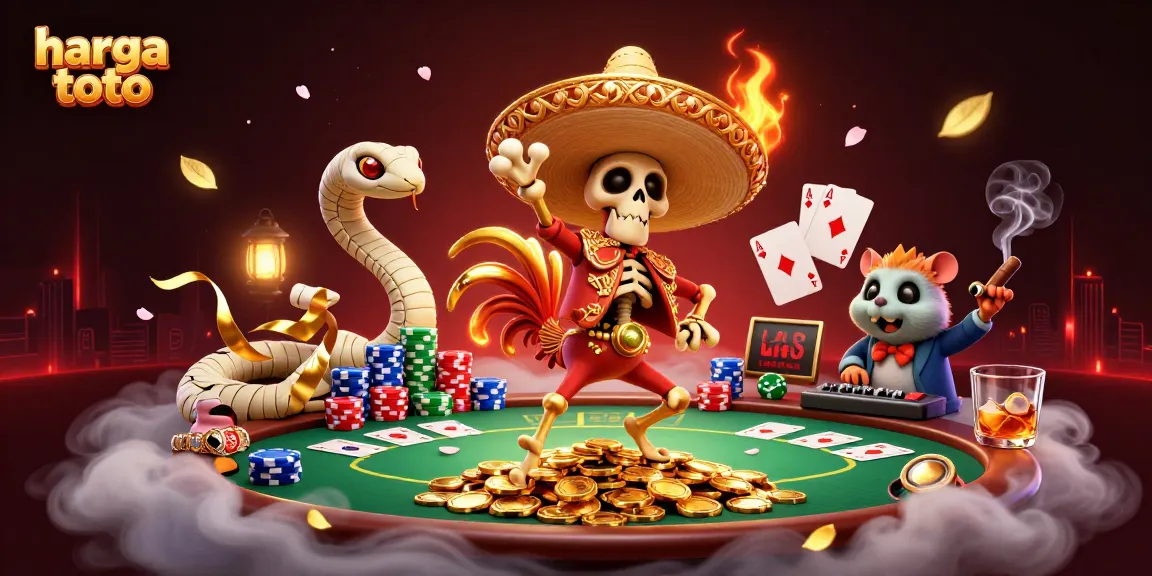 Experience the excitement of harga toto with a bustling casino scene featuring vibrant characters and poker elements.