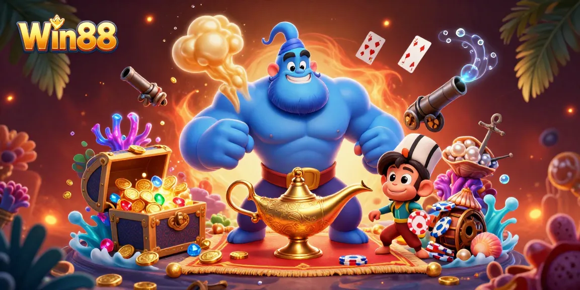 Win88 players enjoying a vibrant casino scene with treasure, cards, and magic elements.