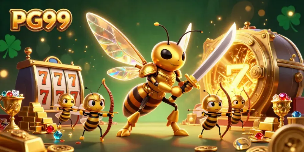 Experience dynamic PG99 gameplay with a golden hornet samurai amidst casino riches and dazzling light effects.