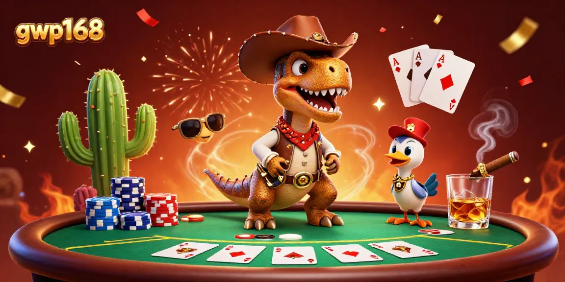 Menggambarkan petualangan seru di gwp168 dengan dinosaur cowboy dan karakter kasino lainnya.