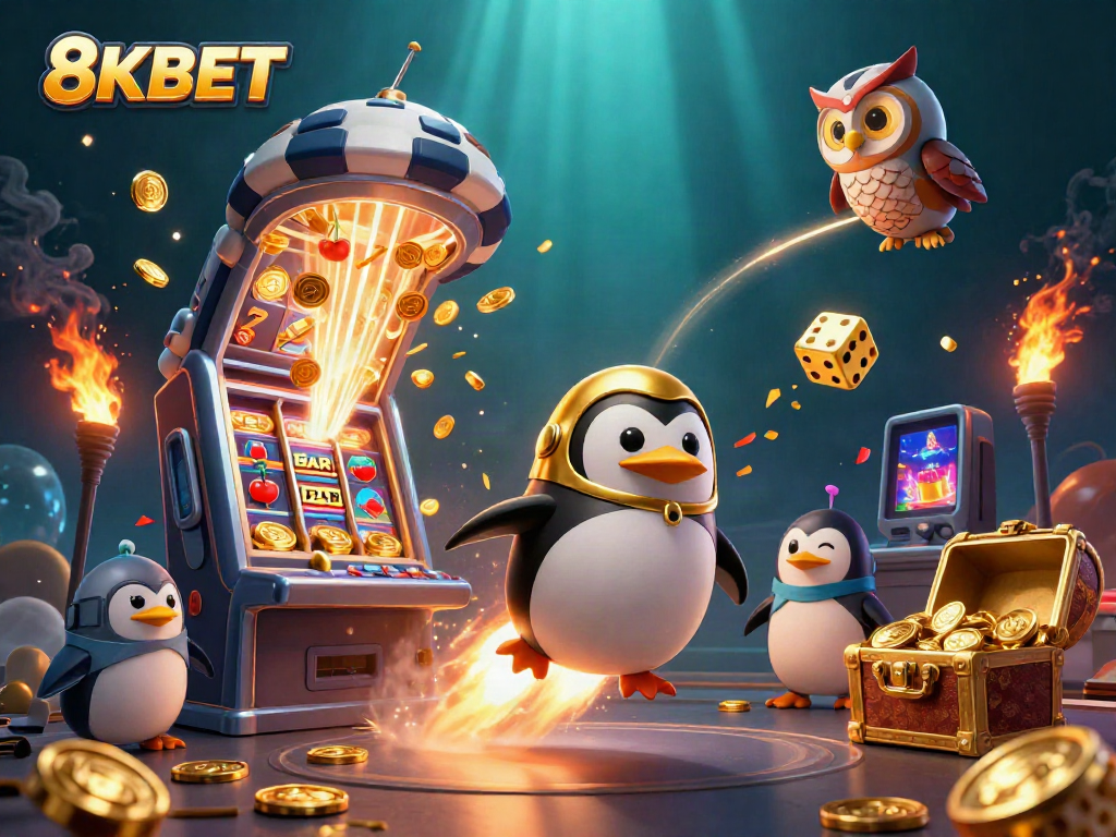 Experience the thrilling world of 8KBET with a golden penguin blasting towards a vibrant casino space station.