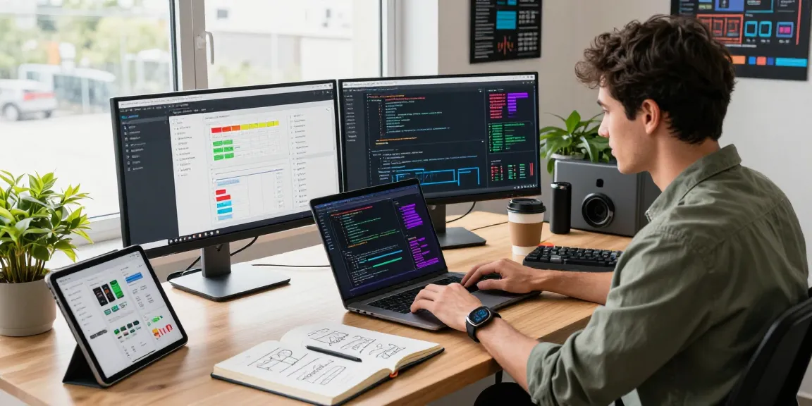 Developer coding intensely on dual monitors in a vibrant tech workspace showing slot production metrics.