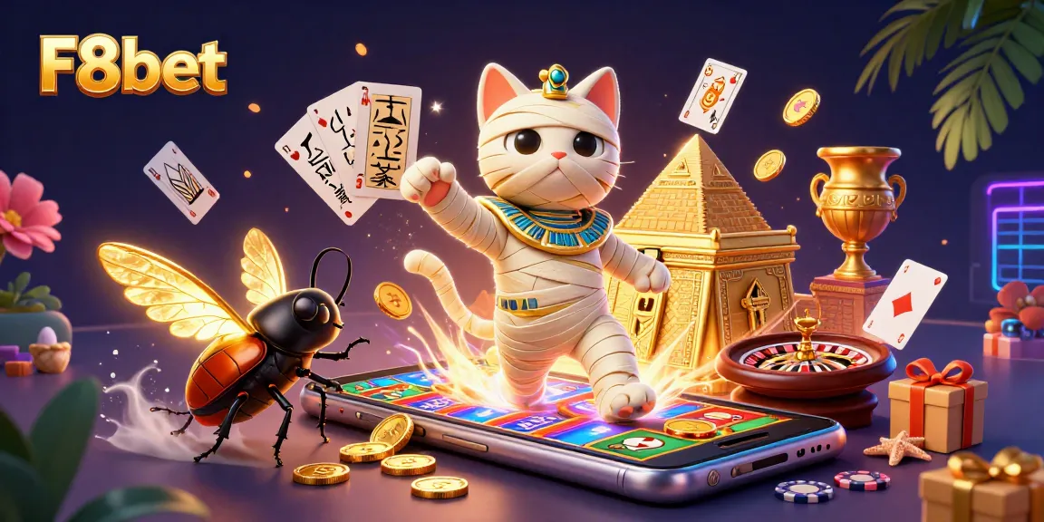Engage with F8bet's thrilling experiences through a vibrant scene of a mystical mummy cat casino adventure.