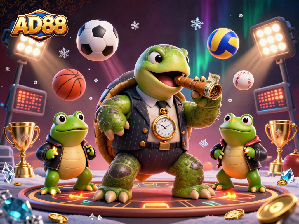 Betting on AD88 with a mobster turtle and frog enforcers in a dynamic casino scene.