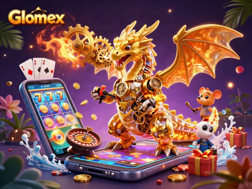 Experience thrilling gameplay with Glomex's dynamic casino illustration showcasing slot games and vibrant elements.
