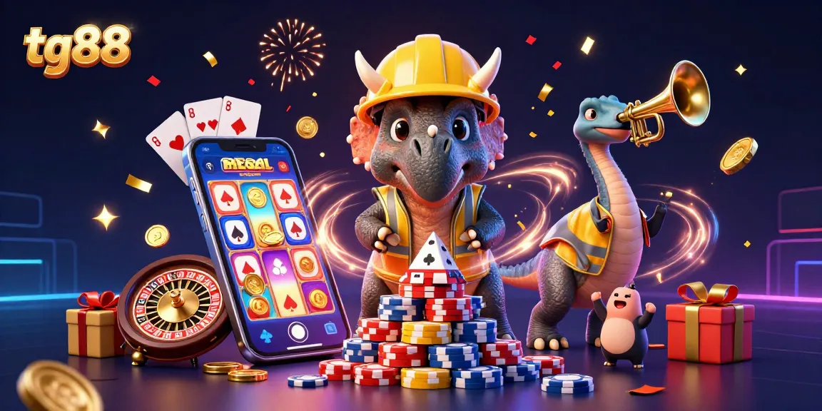 Join the fun with tg88 as triceratops builds poker chips surrounded by gaming elements.
