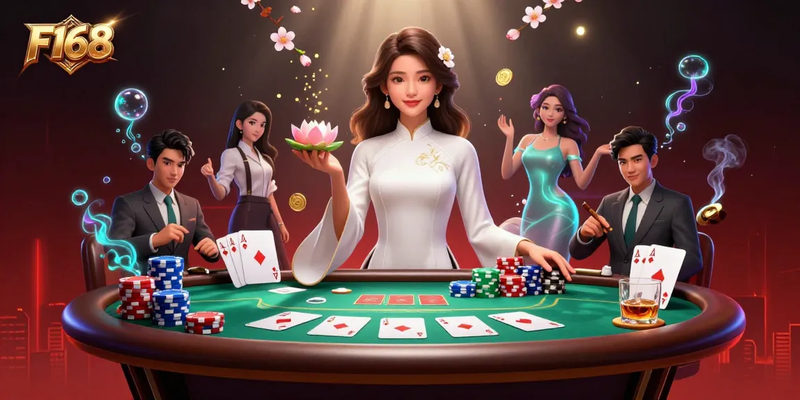 Experience thrilling gameplay at F168 with a graceful woman, poker elements, and vibrant casino ambiance.