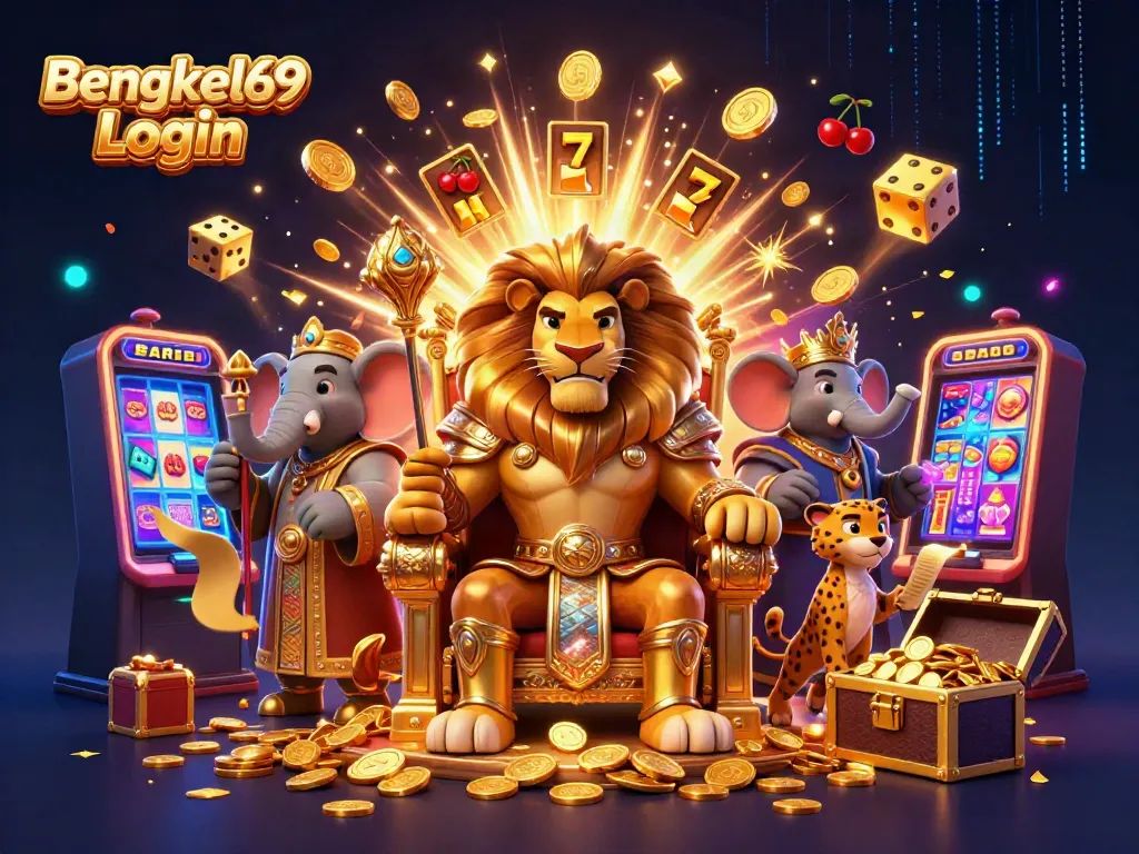 Experience the excitement of Bengkel69 Login with a 3D illustration of casino elements and vibrant characters.