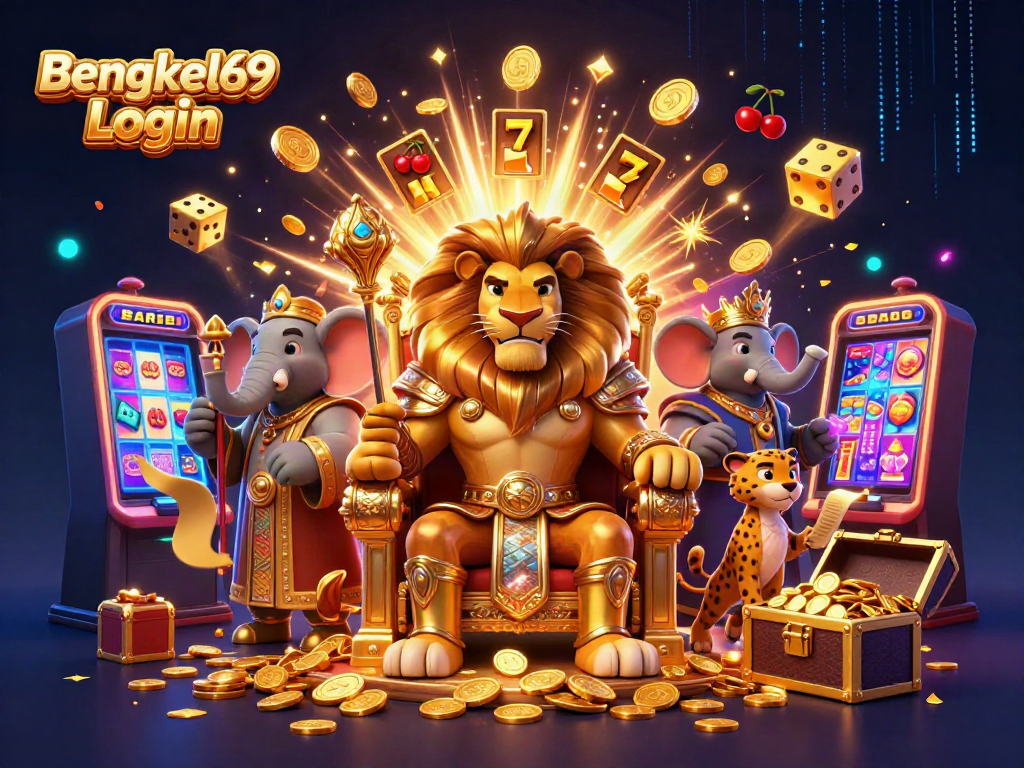 Experience the excitement of Bengkel69 Login with a 3D illustration of casino elements and vibrant characters.