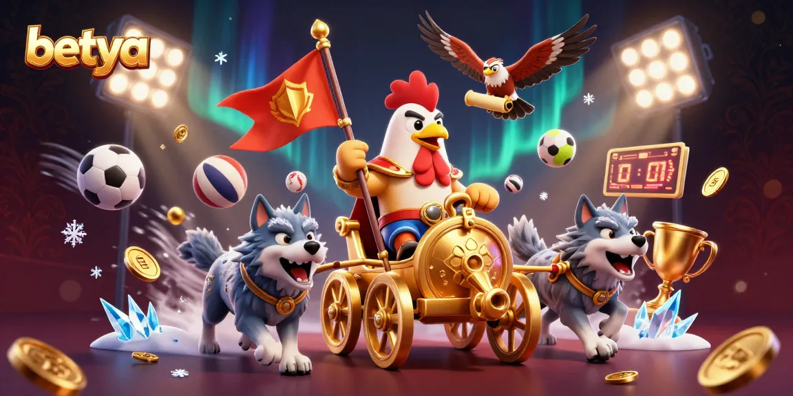 Engage with betya's vibrant casino world featuring a dynamic rooster warlord and sports elements.