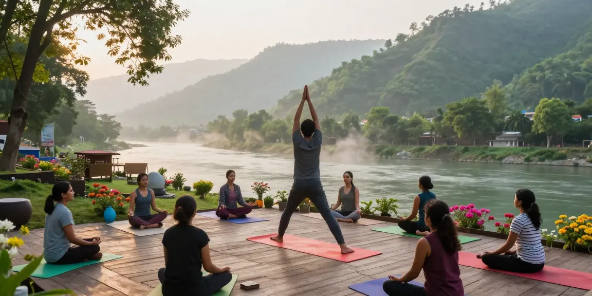 Hatha yoga courses in Rishikesh with instructor guiding students through poses in serene natural setting.