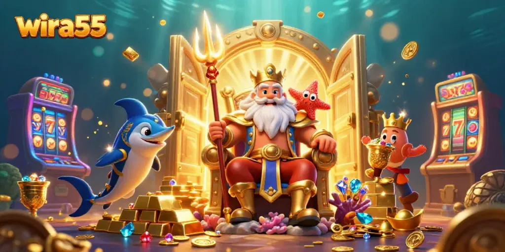 Engage with wira55 slot games in a vibrant underwater wonderland featuring Neptune.