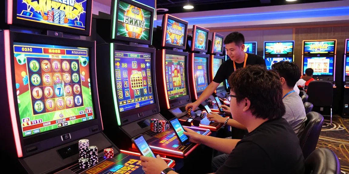 situs SlotQQ QQHOLIC vibrant online casino gaming atmosphere with enthusiastic players and colorful slot machines