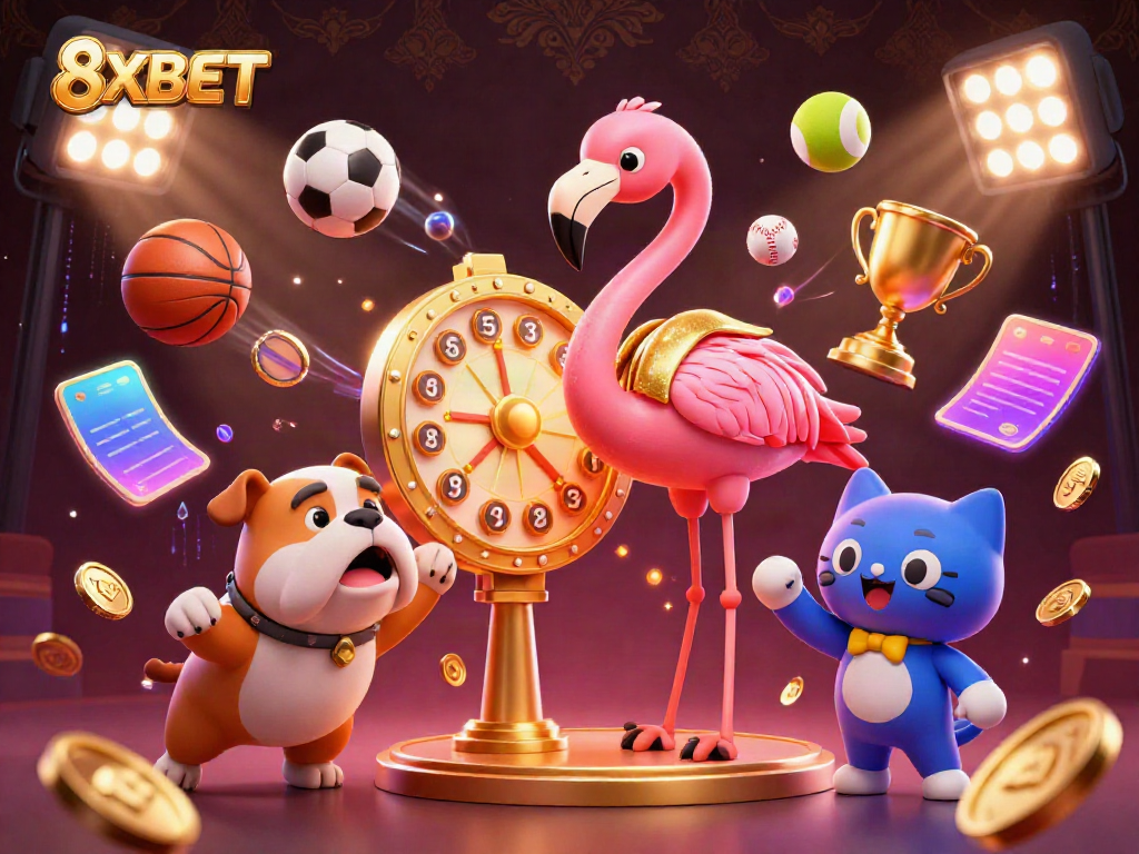 Win big with 8XBET's vibrant gaming scene featuring a game show host, excited bulldog, and scoreboard.