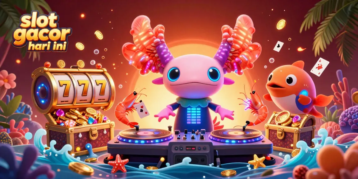 Experience slot gacor hari ini with vibrant axolotl DJ and treasure-filled underwater scene.