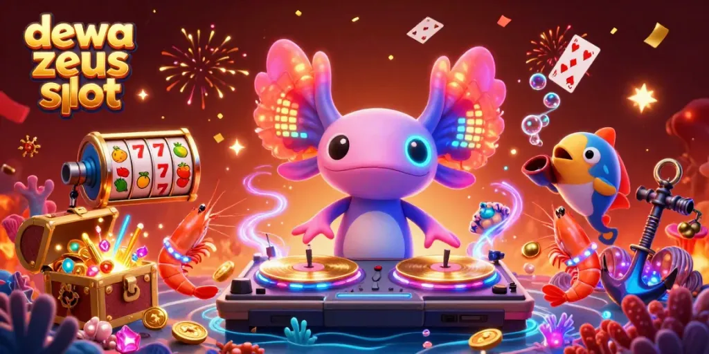 Rasakan sensasi permainan dewa zeus slot dengan suasana penuh warna dan karakter menarik dalam ilustrasi 3D.