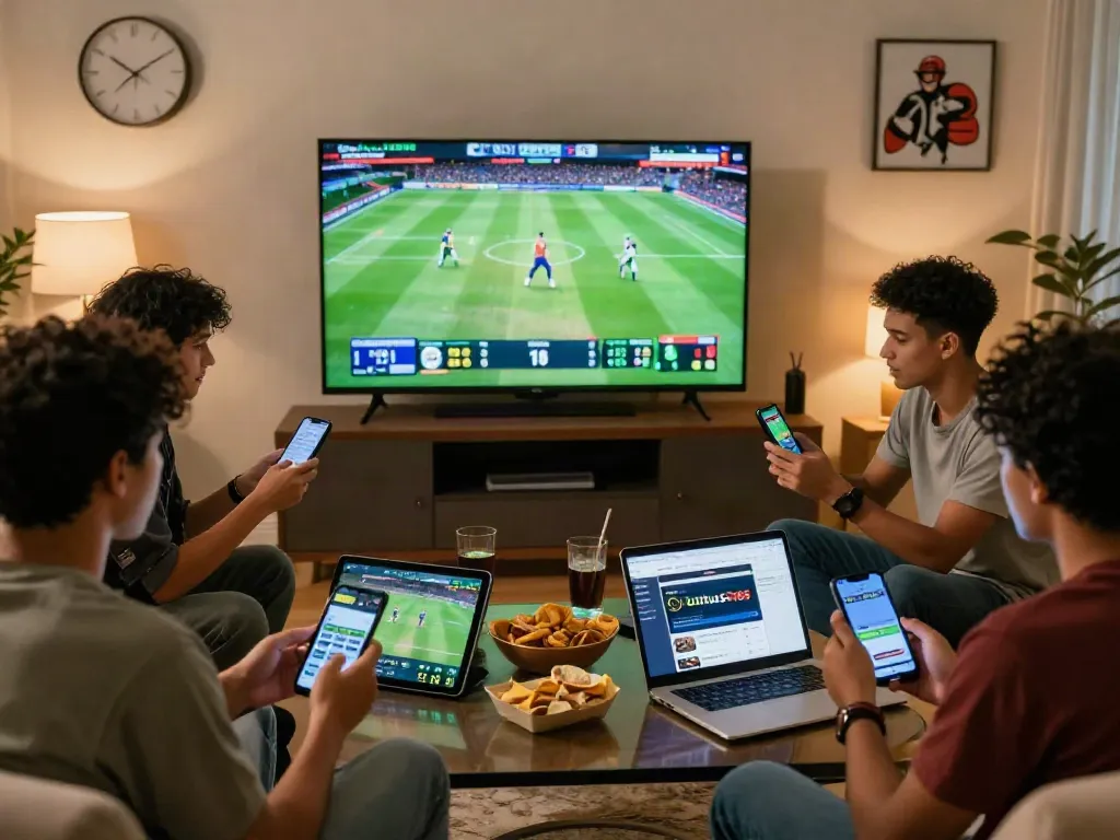 Friends enjoying live sports and betting on lotus365 in a vibrant living room