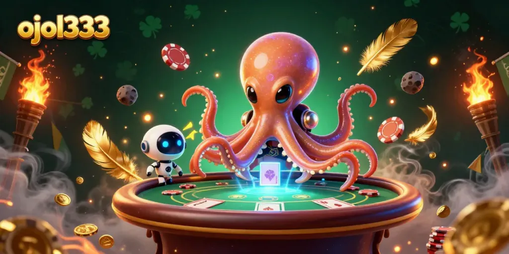 Engage with ojol333 in a whimsical alien casino setup featuring poker and lively companions.