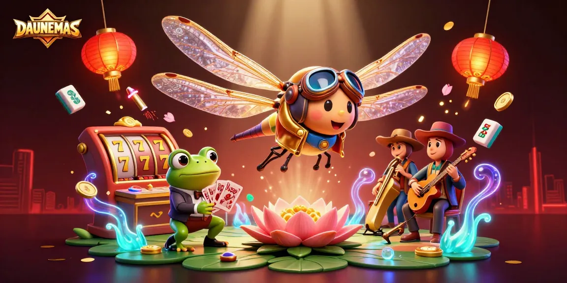 Experience DAUNEMAS with vibrant casino action showcasing a dragonfly, frog croupier, and jazz musicians.