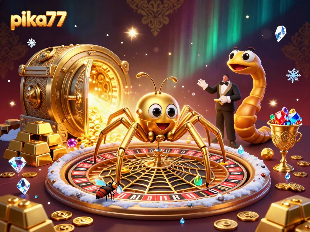 Experience the thrilling bets at pika77 with a golden roulette wheel and sparkling treasures.