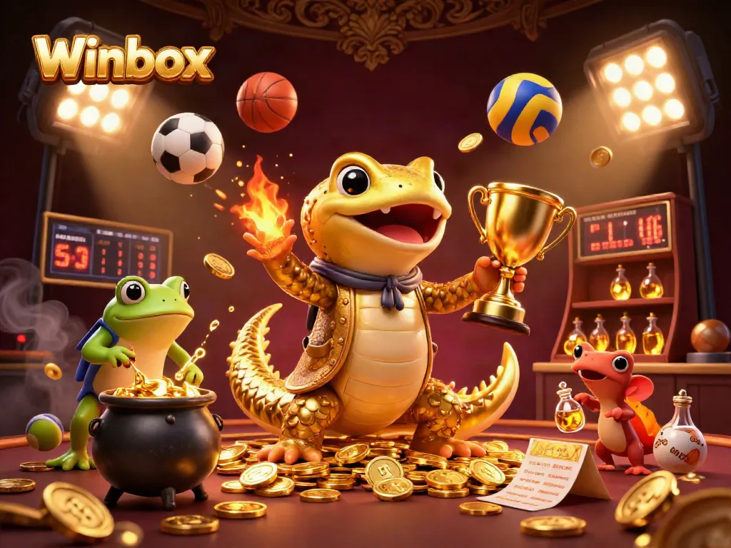 Engage with Winbox's thrilling casino experience featuring gold coins, sports elements, and vibrant characters.