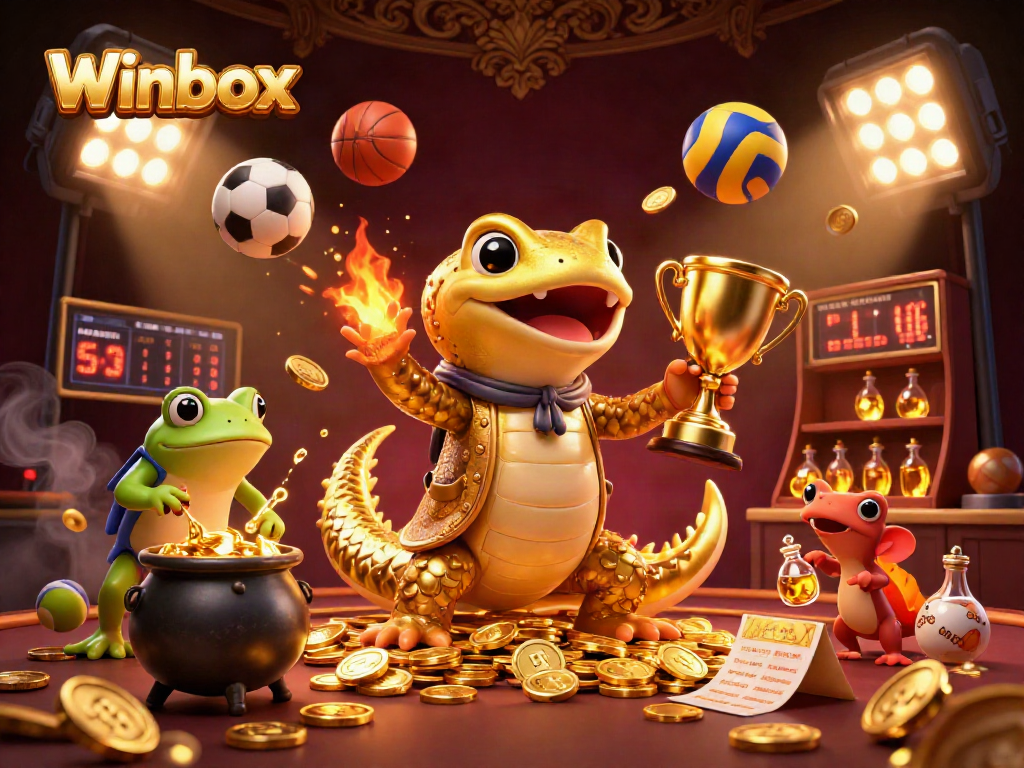 Engage with Winbox's thrilling casino experience featuring gold coins, sports elements, and vibrant characters.
