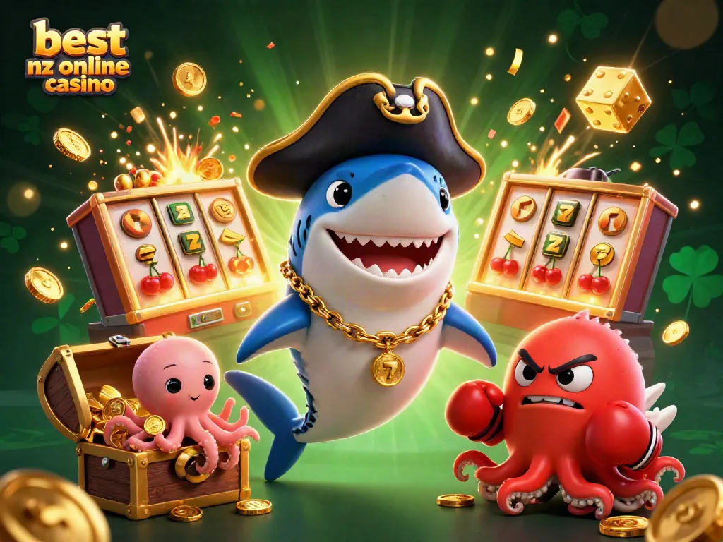 Experience excitement at the best NZ online casino with animated characters celebrating a jackpot.
