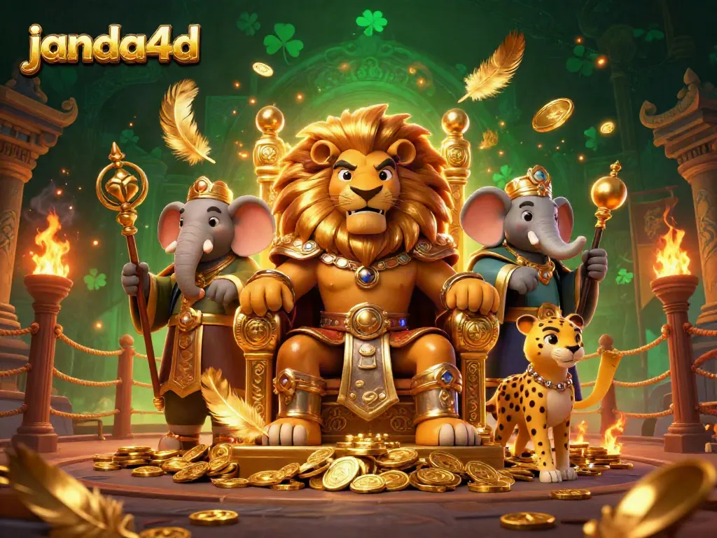 JANDA4D menyajikan ilustrasi kasino dengan singa raja yang mengesankan dan elemen permainan emas.
