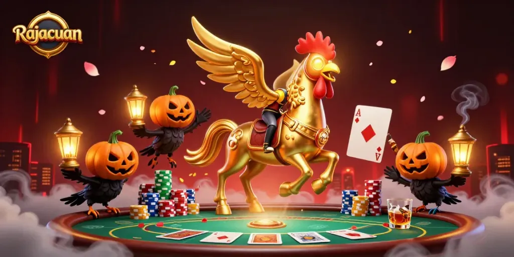 Engage with Rajacuan's thrilling midnight casino scene featuring dynamic poker gameplay with rich elements.
