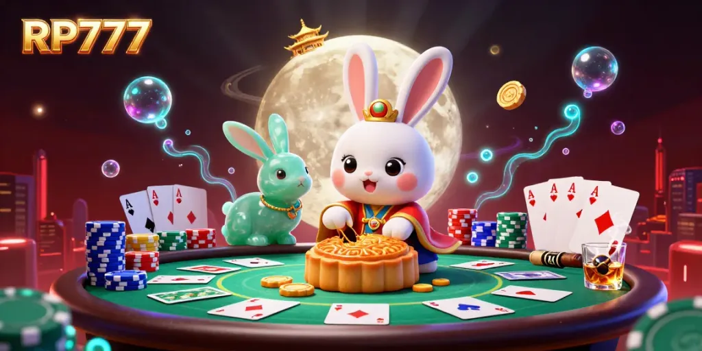 Permainan slot di RP777 dengan karakter kelinci bulan yang menarik dan dikelilingi oleh chip poker.