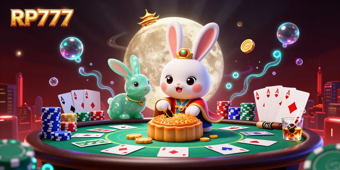 Permainan slot di RP777 dengan karakter kelinci bulan yang menarik dan dikelilingi oleh chip poker.