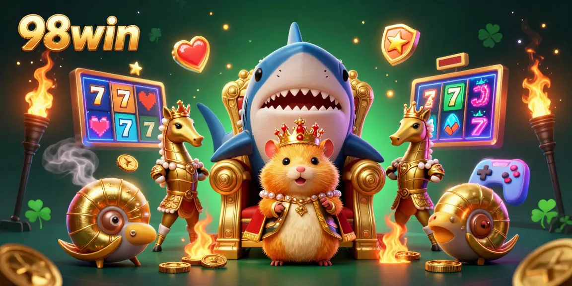 Spin to win with 98win's vibrant casino scene featuring exciting slot reels and playful characters.