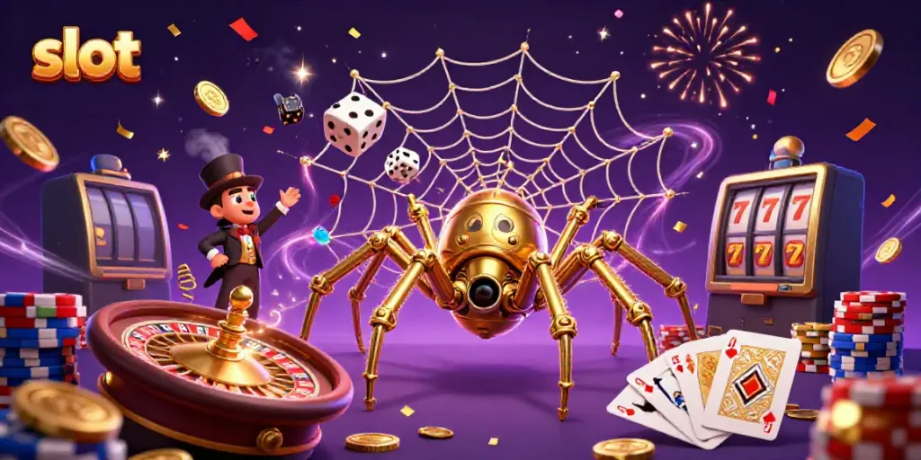 Slot memukau dengan karakter mainan 3D, kepingan emas, dan simbol keberuntungan.