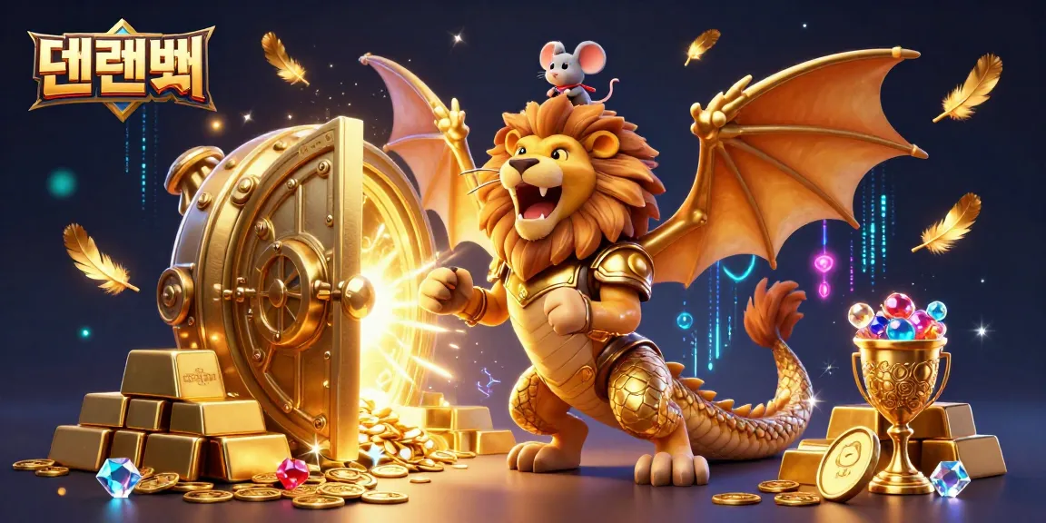 Win big at 텐텐벳 with this vibrant illustration of a roaring chimera amidst treasures and casino elements.